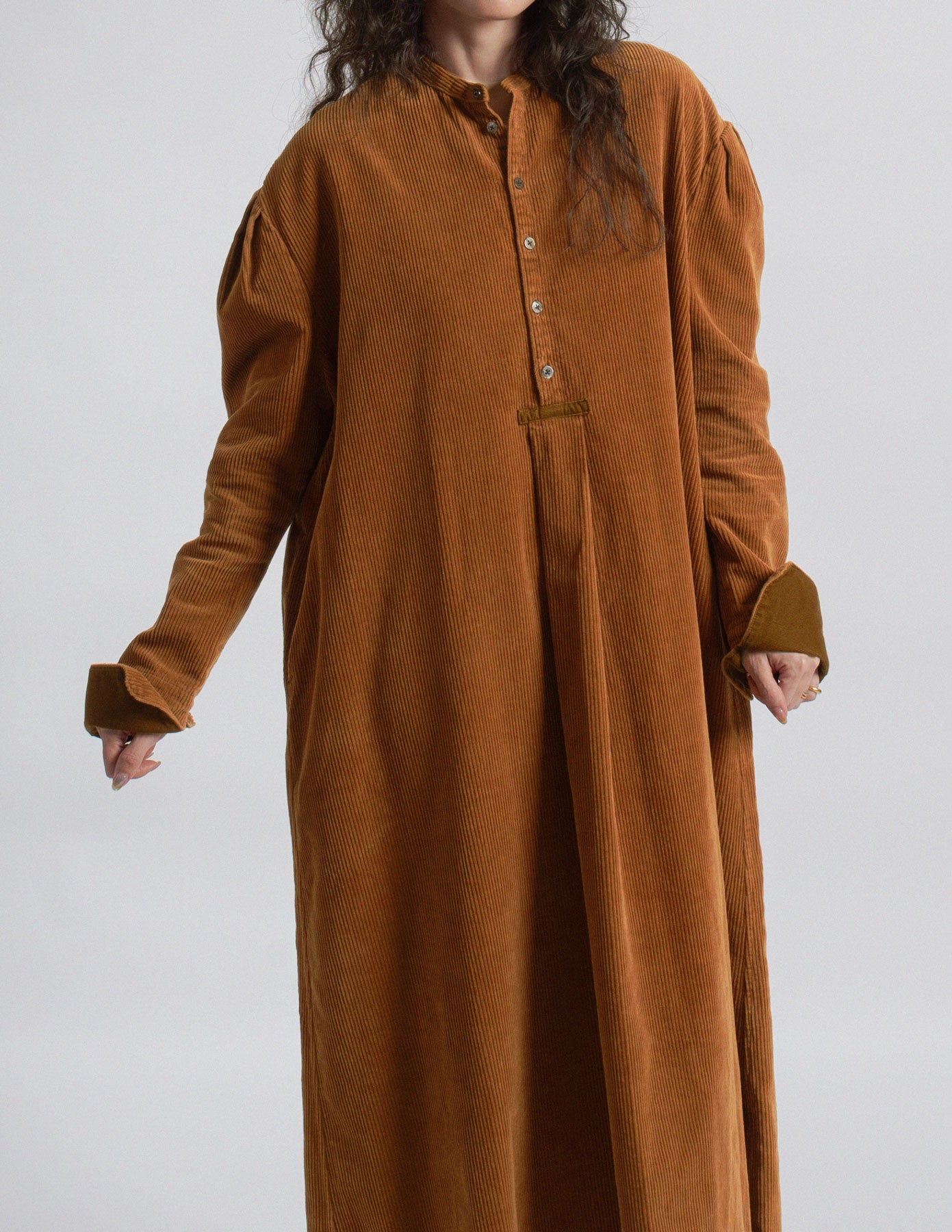 Kapital burnt orange corduroy oversized shirt dress front detail