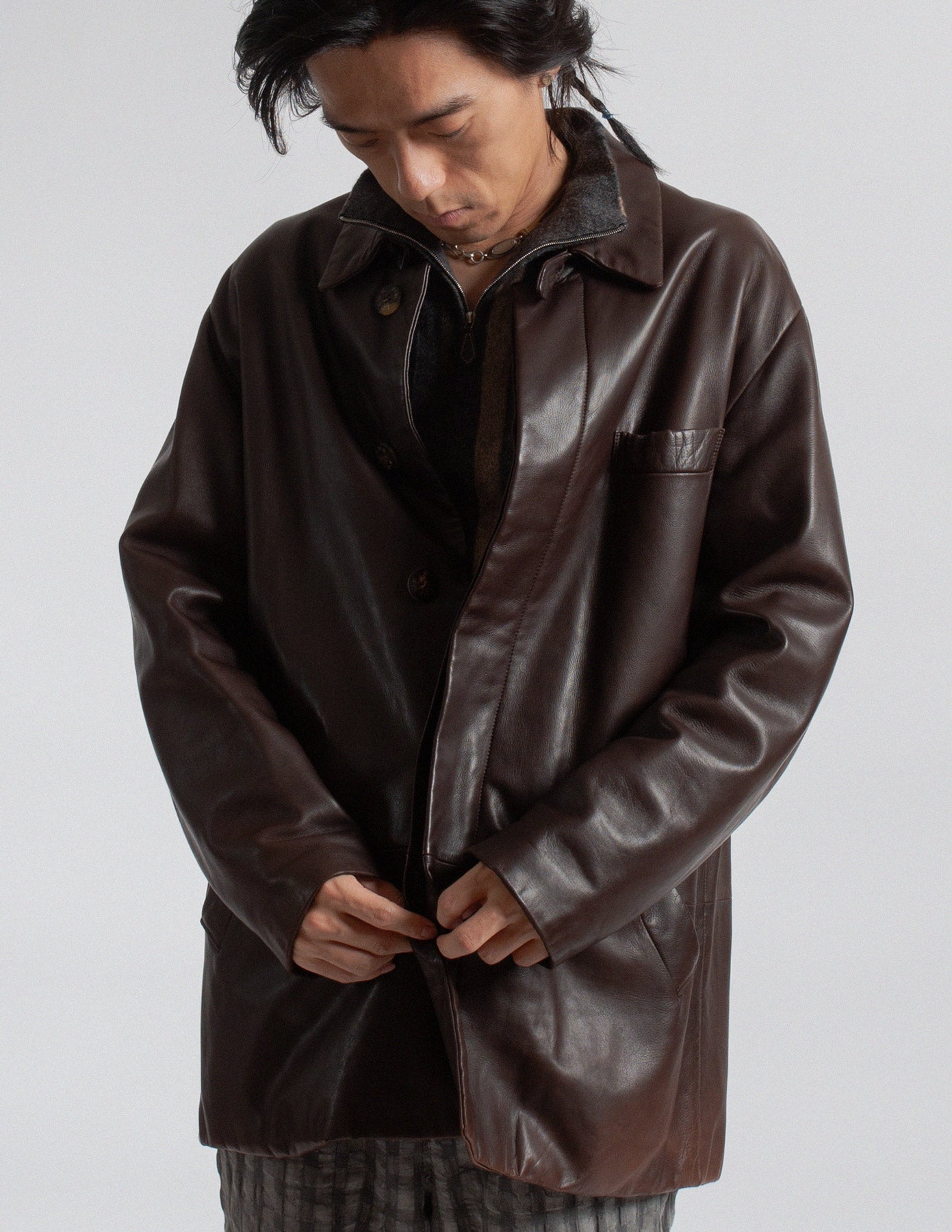 Loewe vintage mahogany brown lambskin coat open detail