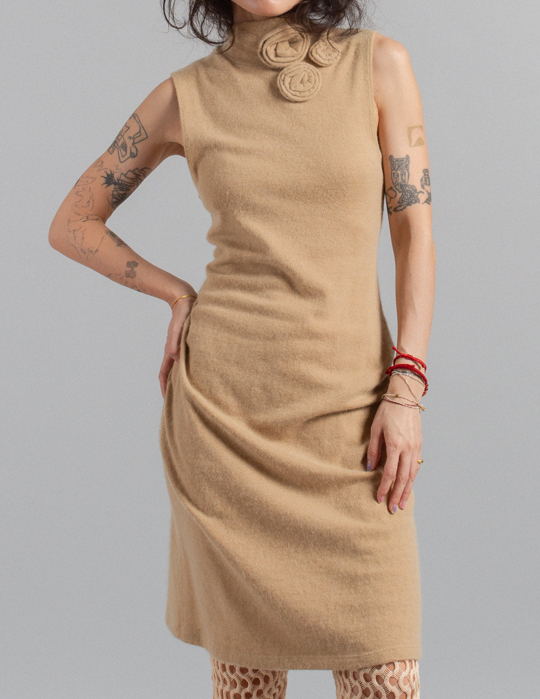 Moschino vintage angora rosette mock-neck knit dress detail