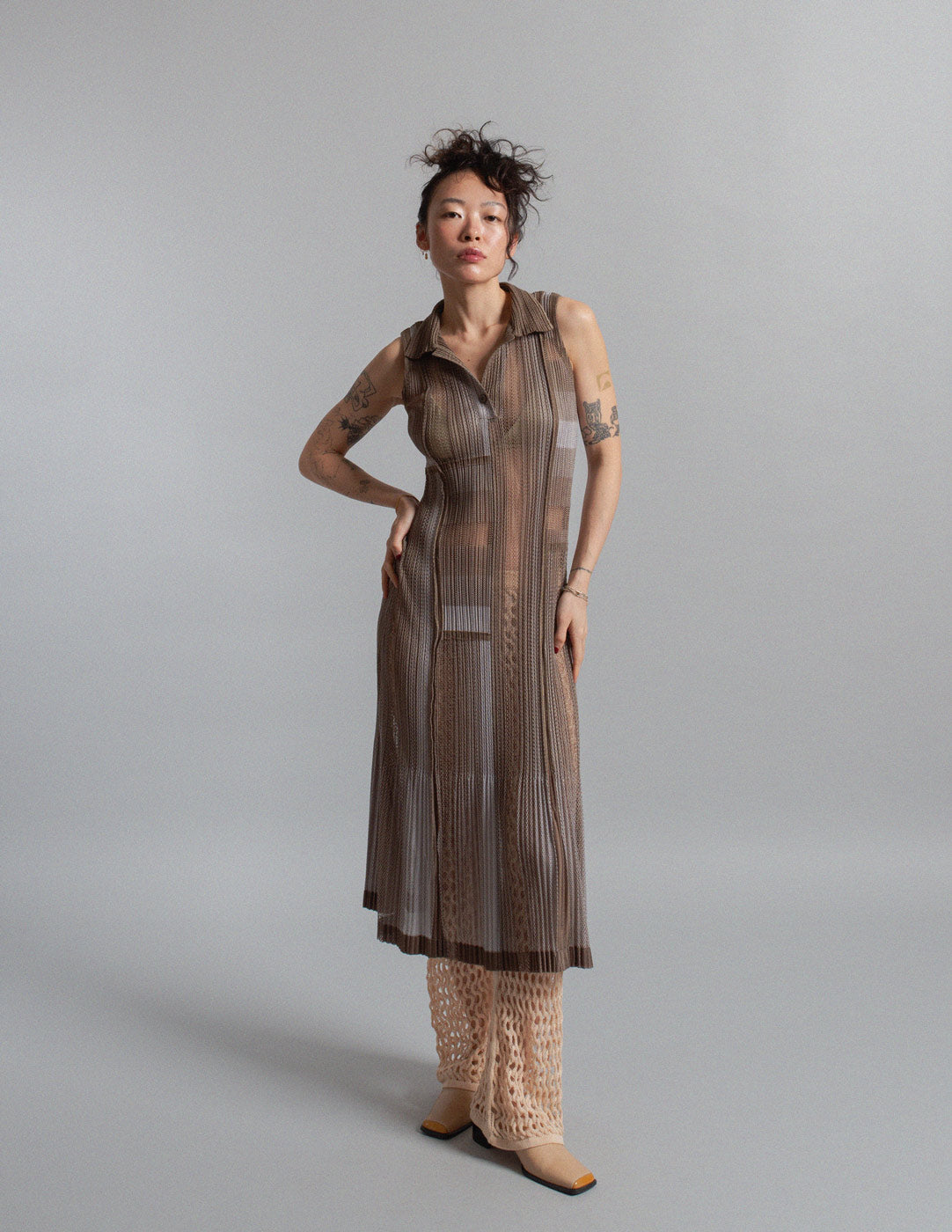 Pleats Please vintage sheer tonal patchwork pleated sleeveless dress