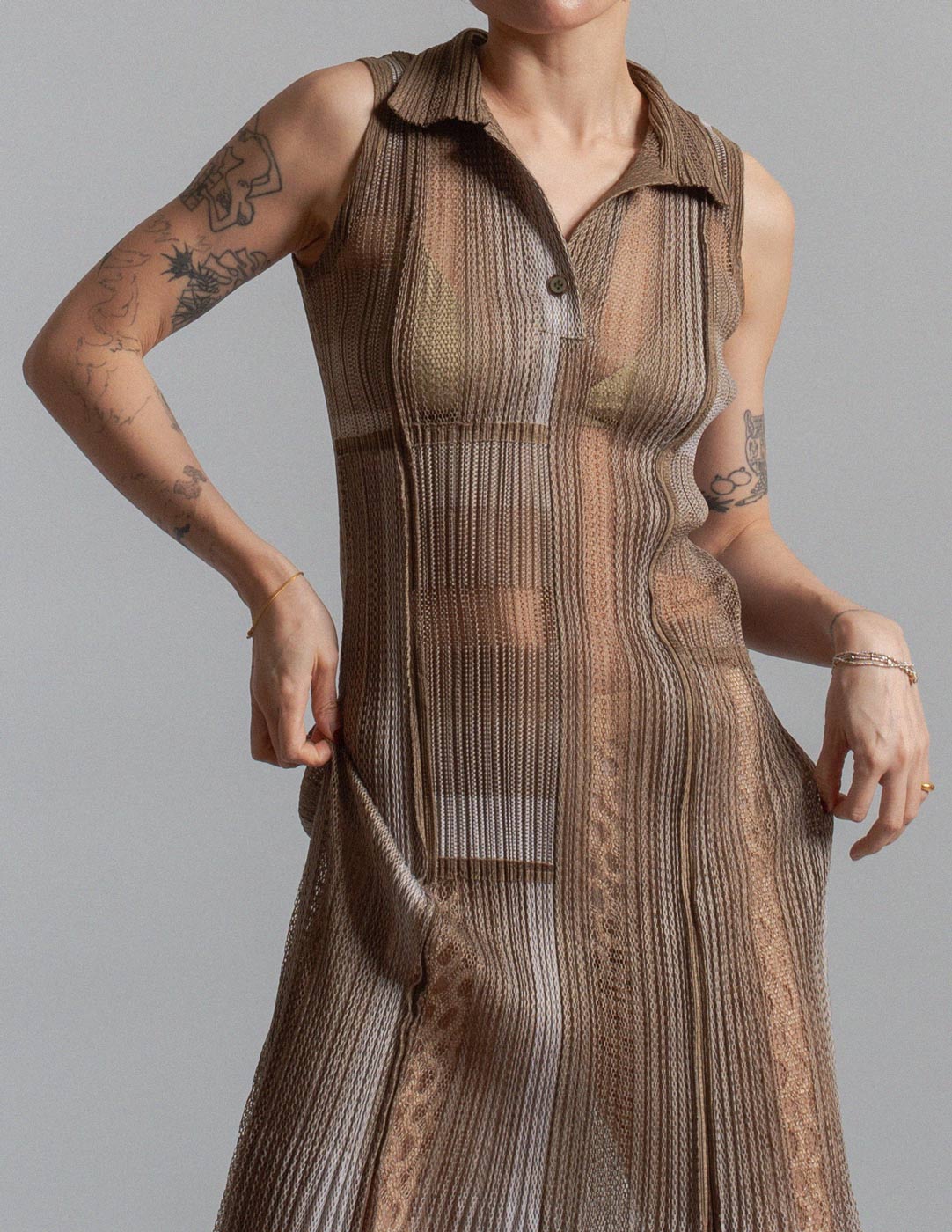 Pleats Please vintage sheer tonal patchwork pleated sleeveless dress detail