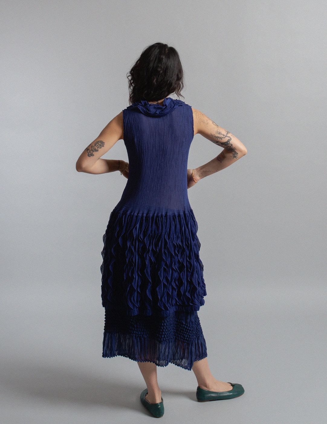 Issey Miyake cobalt blue sculptural ruffle pleated dress back view
