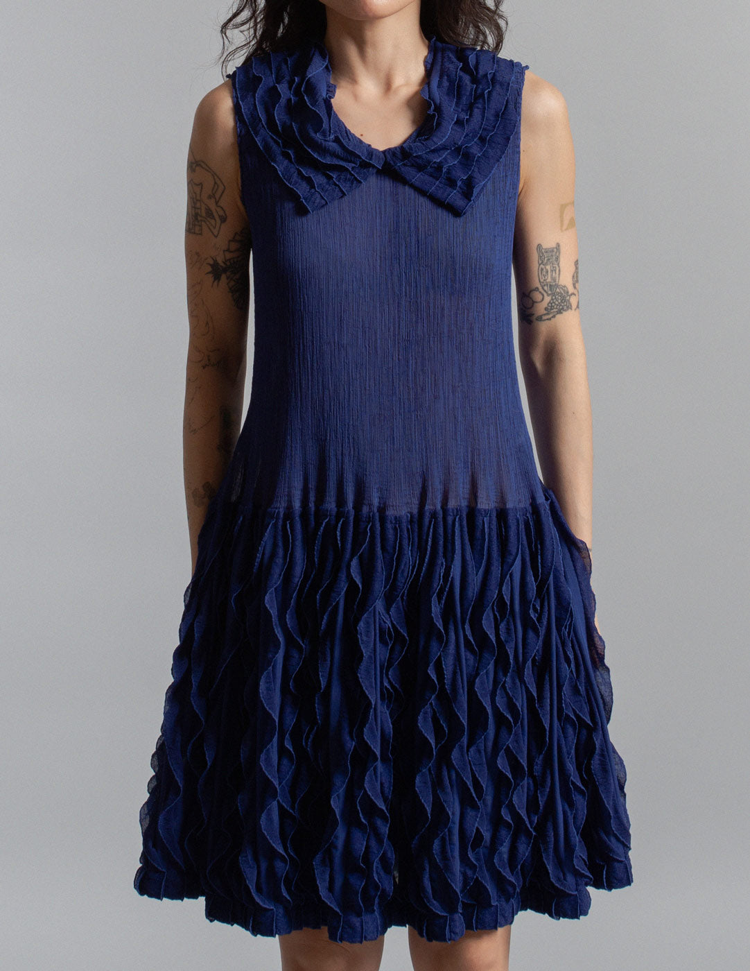 Issey Miyake cobalt blue sculptural ruffle pleated dress detail