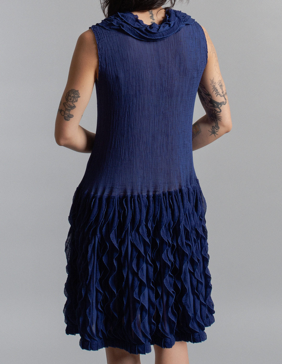 Issey Miyake cobalt blue sculptural ruffle pleated dress back detail