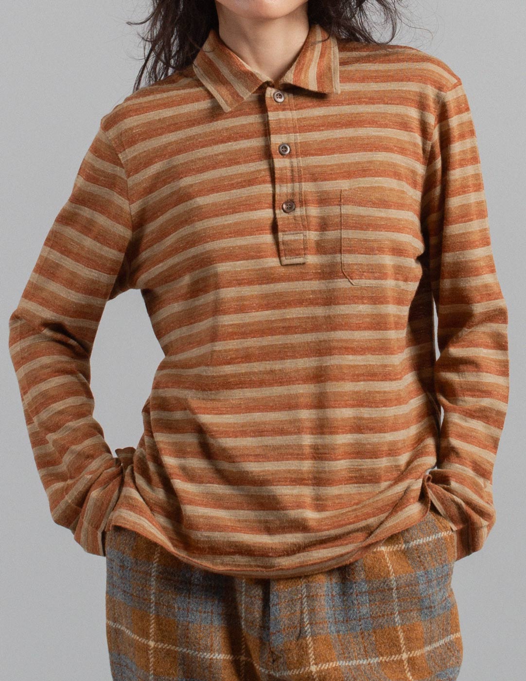 Prada warm neutral tone striped polo front detail