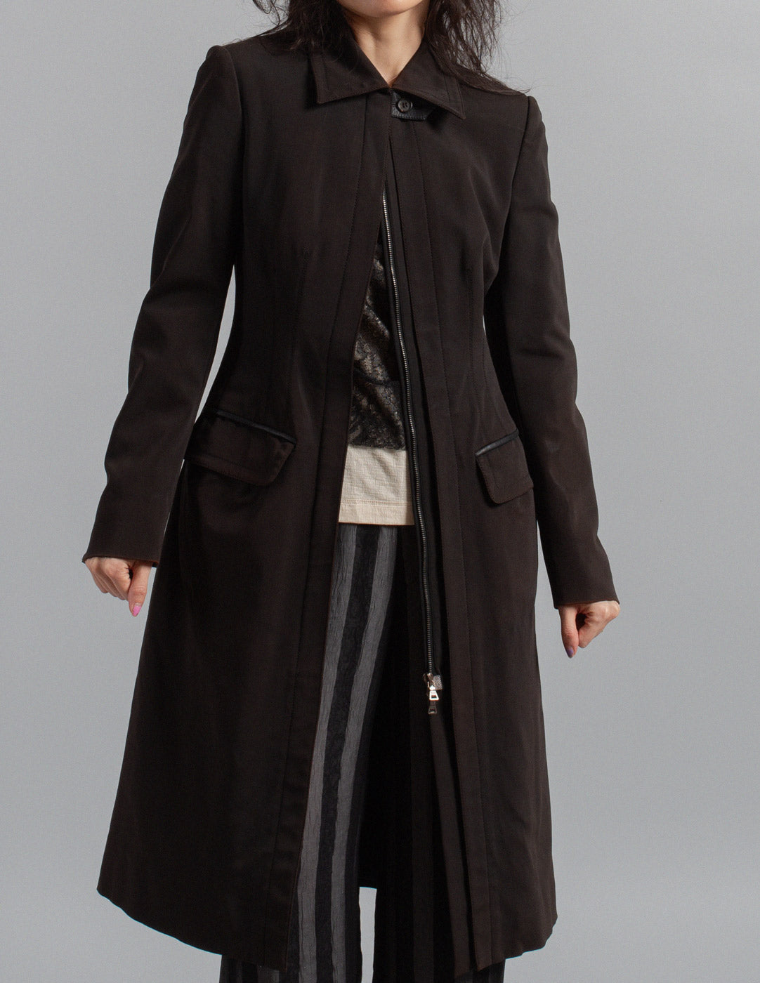 Prada sculpted panel zip-front tailored coat front detail