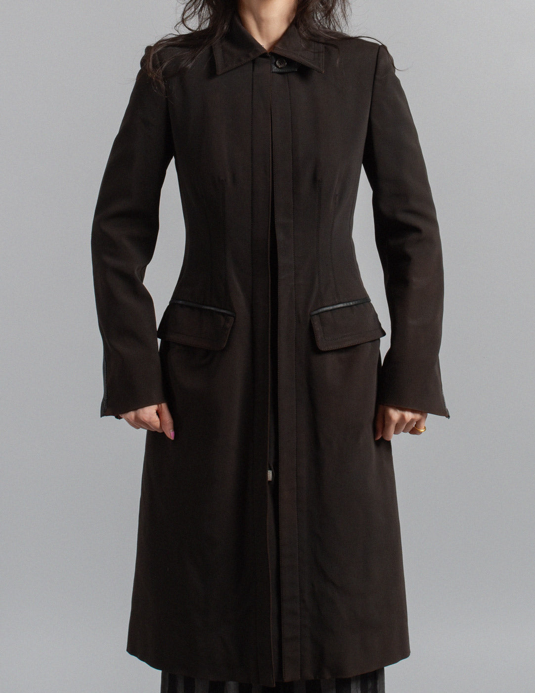 Prada sculpted panel zip-front tailored coat detail