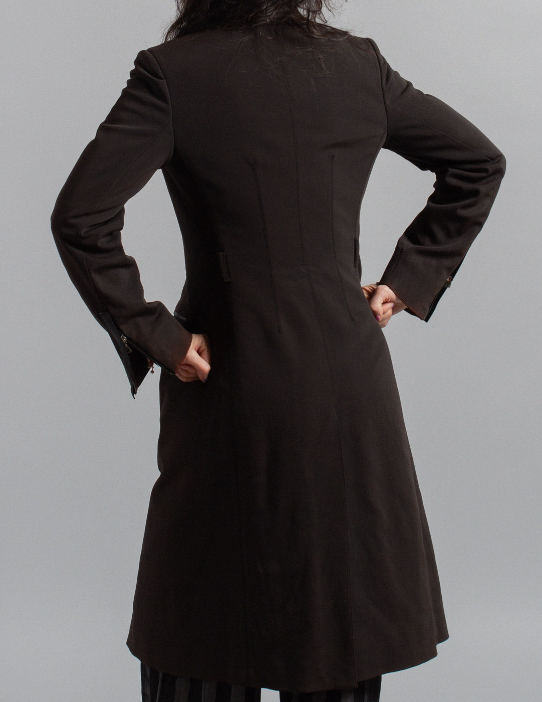 Prada sculpted panel zip-front tailored coat back detail