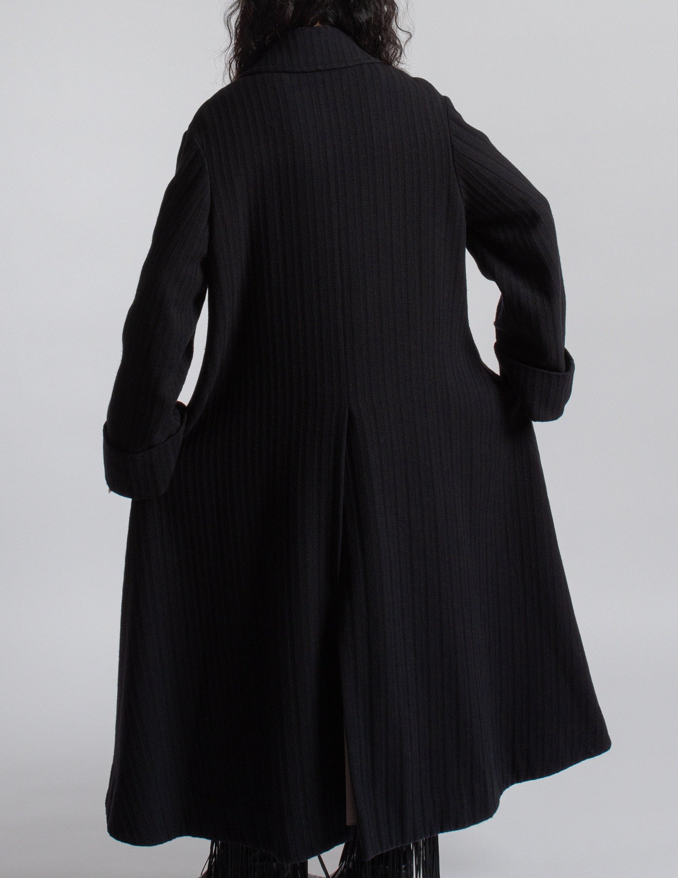 Romeo Gigli vintage black wool maxi swing coat back detail
