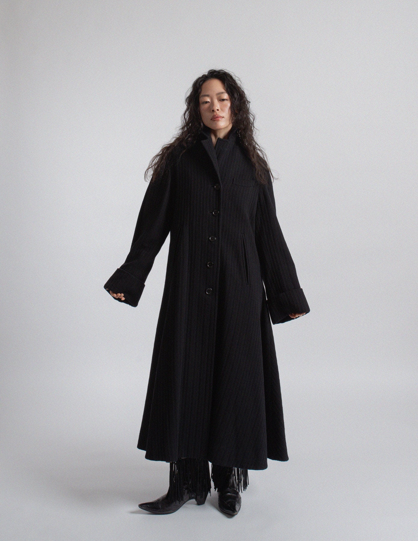 Romeo Gigli vintage black wool maxi swing coat