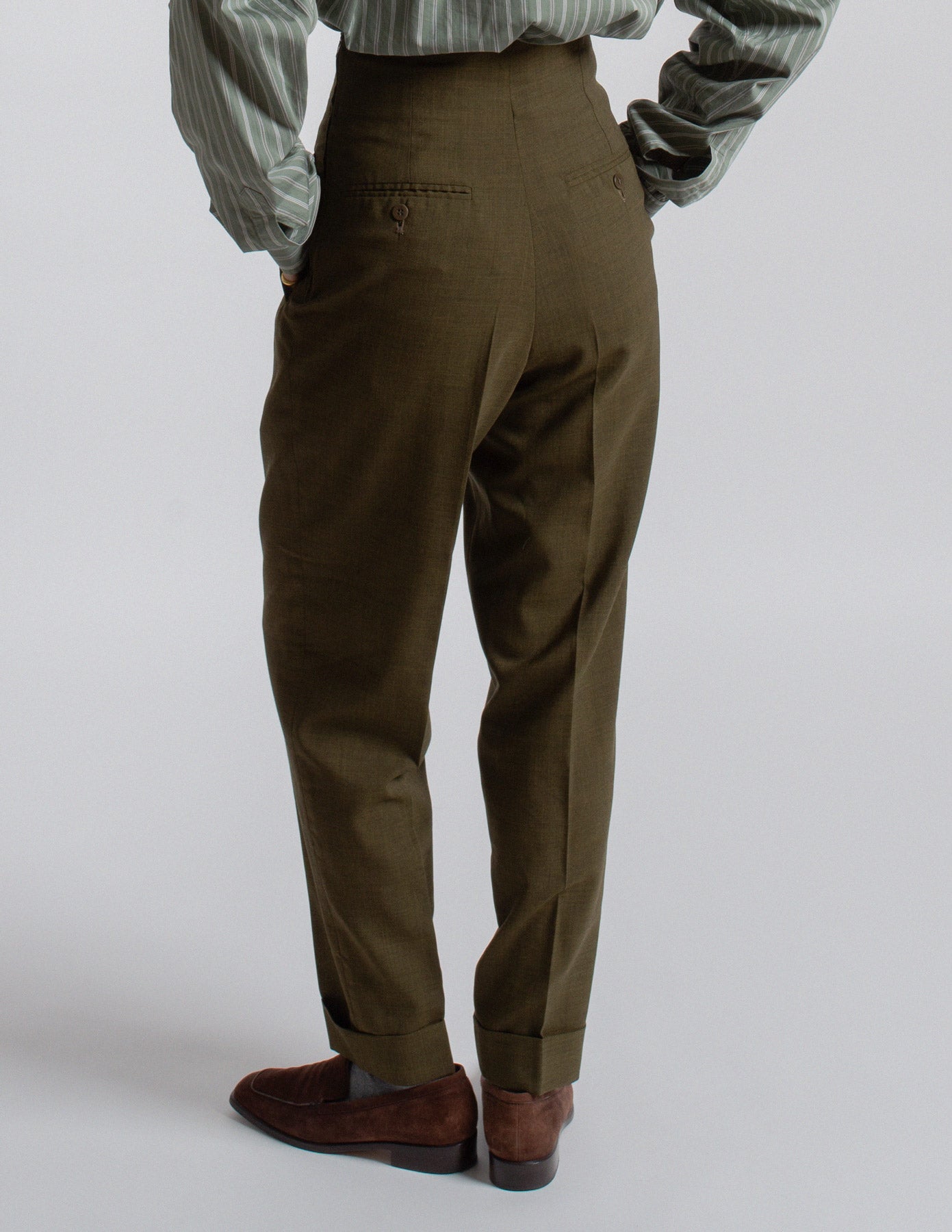 Romeo Gigli vintage olive green wool tailored suit back detail