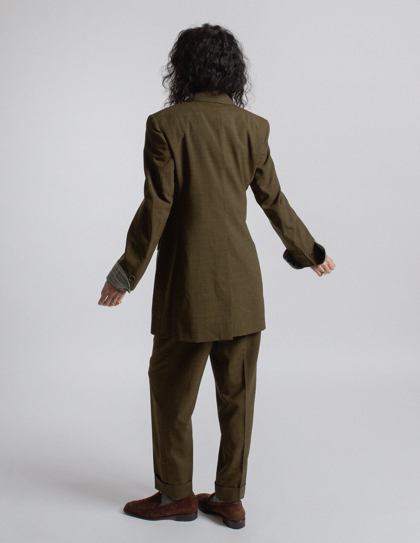 Romeo Gigli vintage olive green wool tailored suit back view