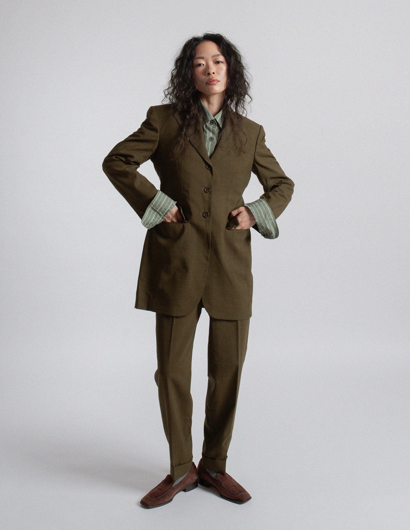 Romeo Gigli vintage olive green wool tailored suit