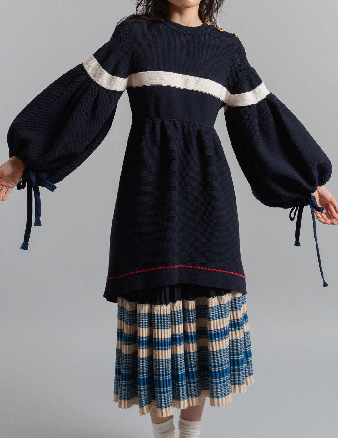 Sonia Rykiel vintage navy knit babydoll dress with balloon sleeves front detail