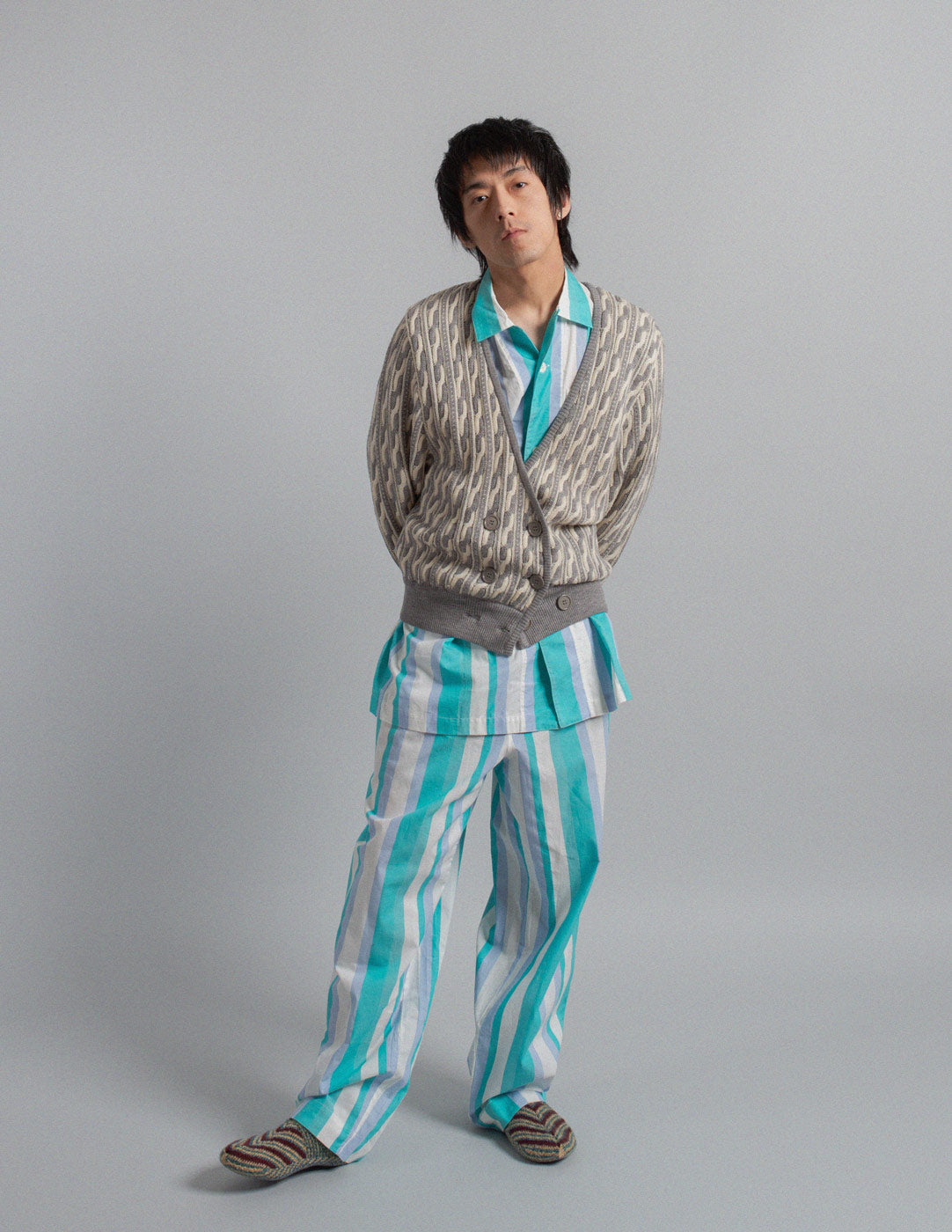 Issey Miyake vintage aquamarine striped cotton pajama set