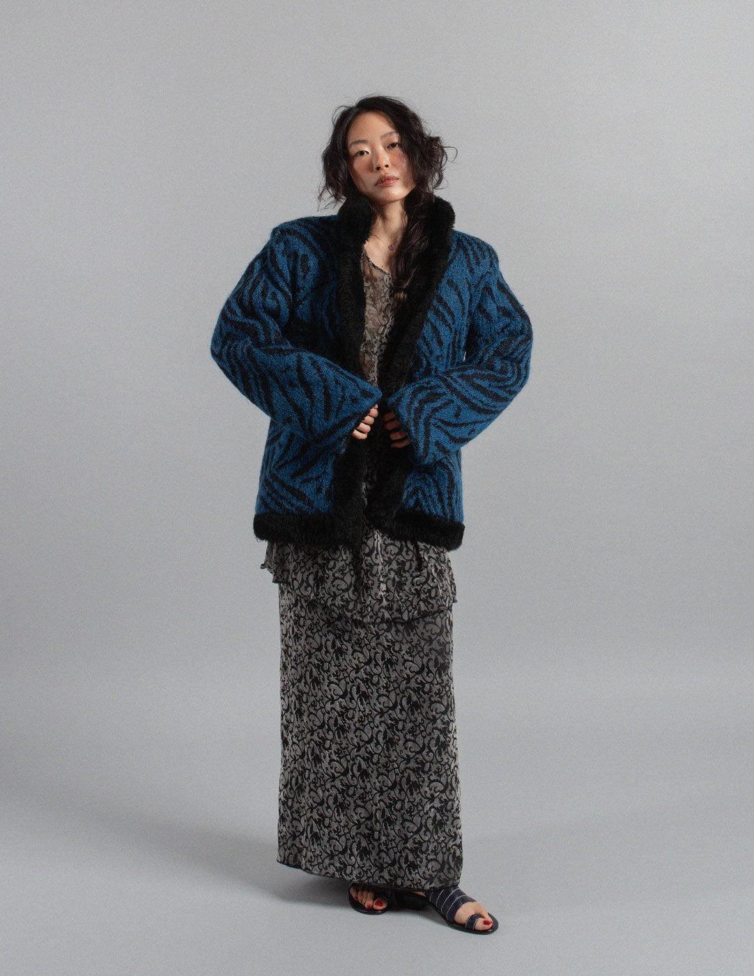 Yves Saint Laurent vintage blue and black patterned mohair wool jacket with faux fur lining