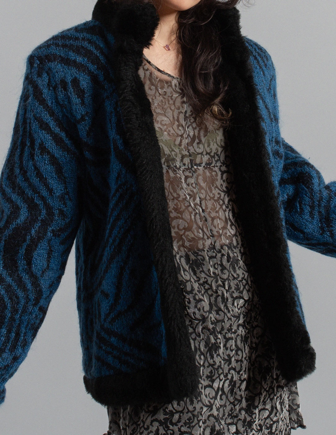 Yves Saint Laurent vintage blue and black patterned mohair wool jacket with faux fur lining detail