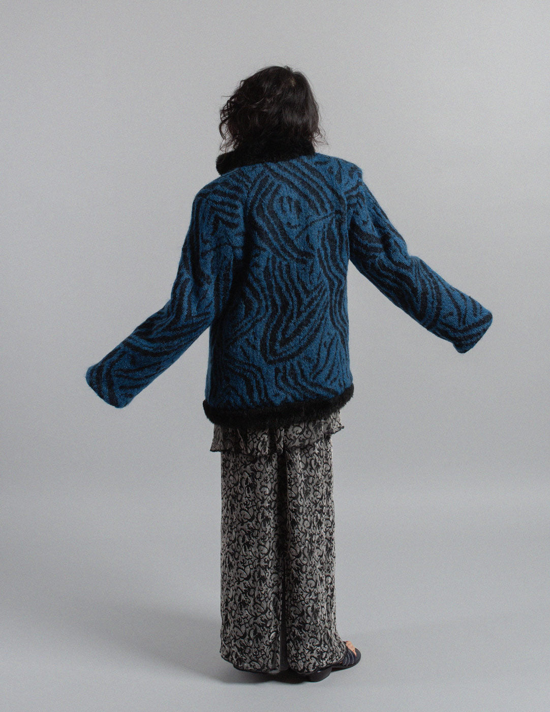 Yves Saint Laurent vintage blue and black patterned mohair wool jacket with faux fur lining back view