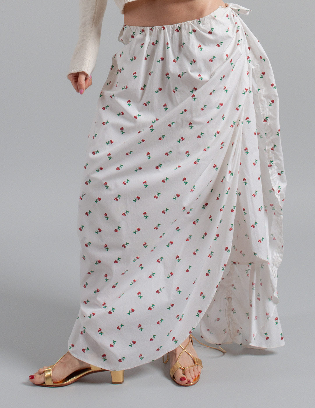 Yves Saint Laurent cherry print ruffled cotton skirt detail