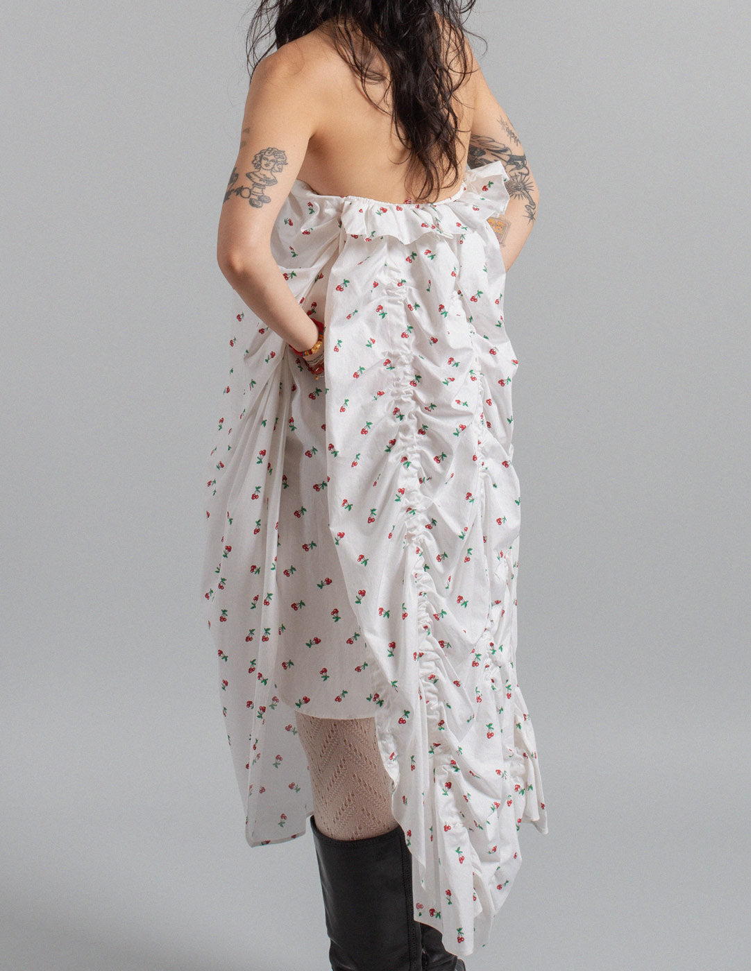 Yves Saint Laurent cherry print ruffled cotton dress back detail