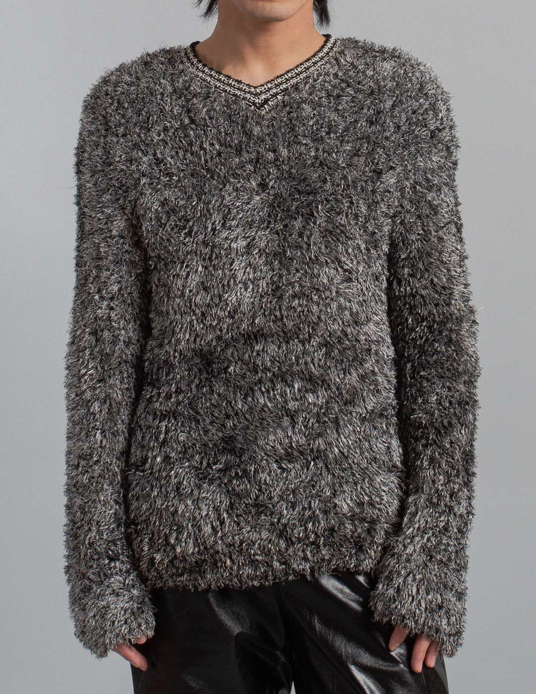 vintage black and silver fuzzy brushed sweater front detail