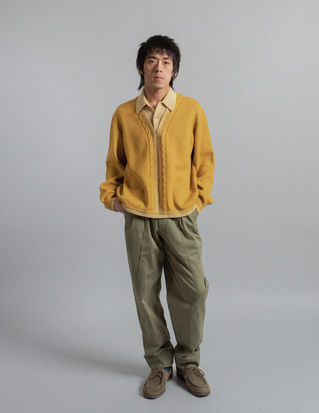 vintage mustard cable knit collared sweater