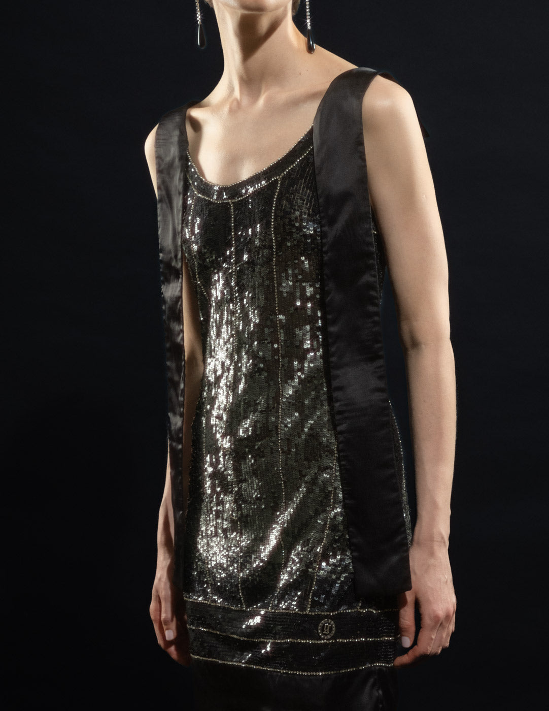 John Galliano vintage black sequined ribbon dress detail