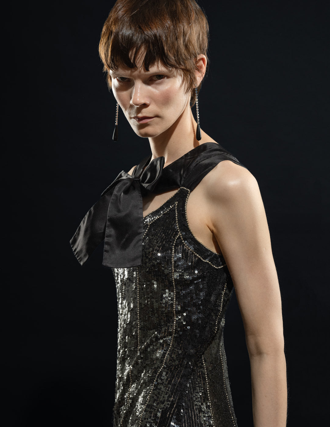John Galliano vintage black sequined ribbon dress detail