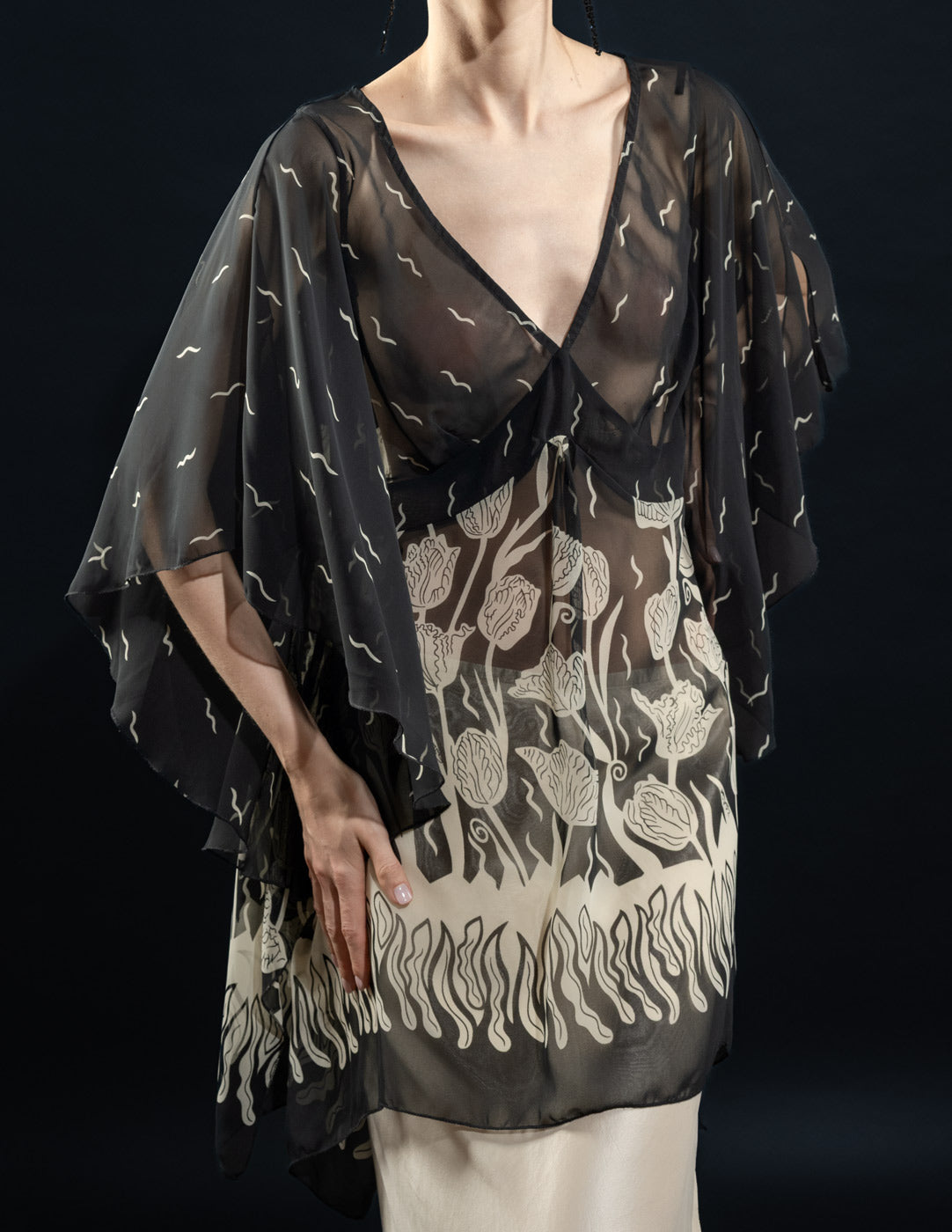 Zandra Rhodes vintage floral printed silk kaftan top detail