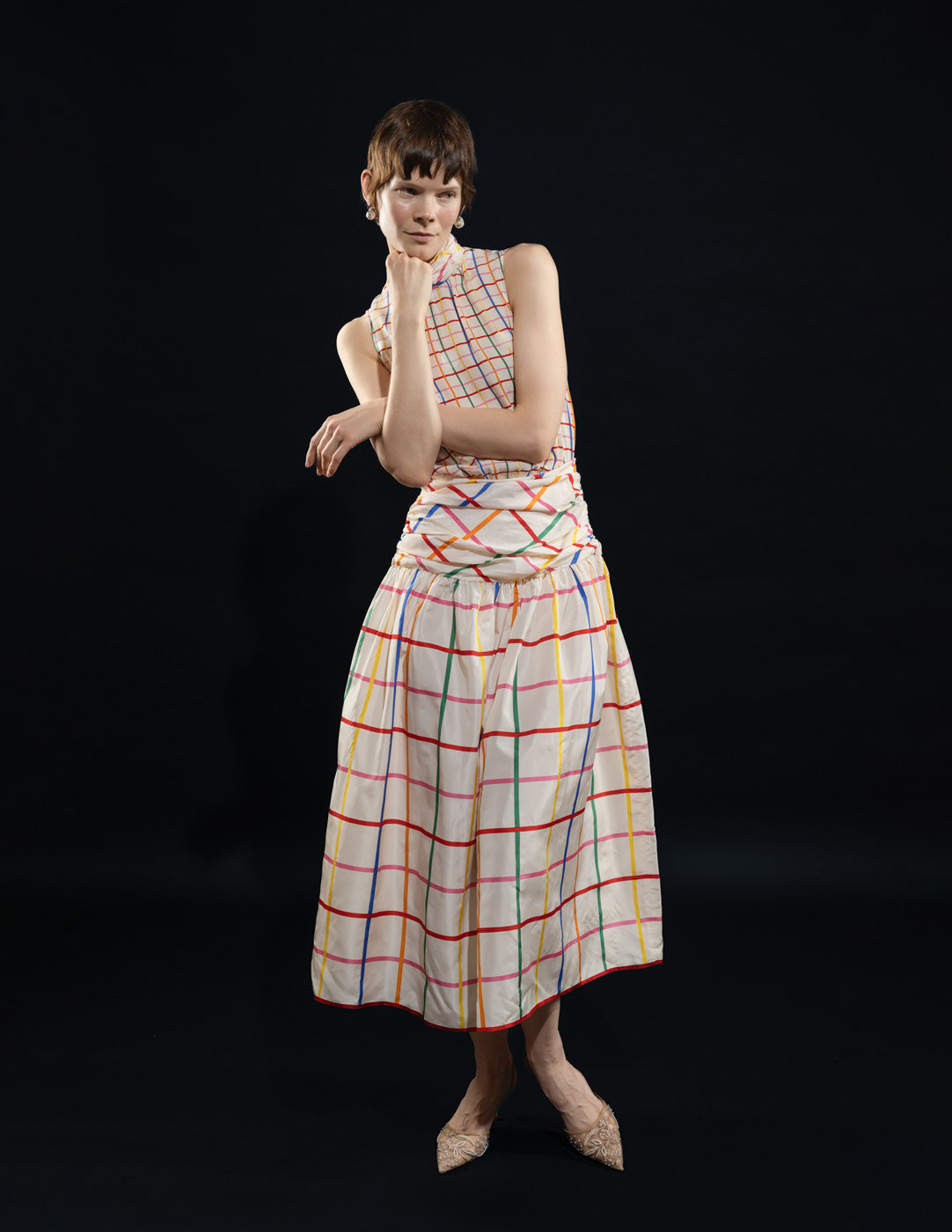 Geoffrey Beene vintage multi-color grid silk dress with ruched waist