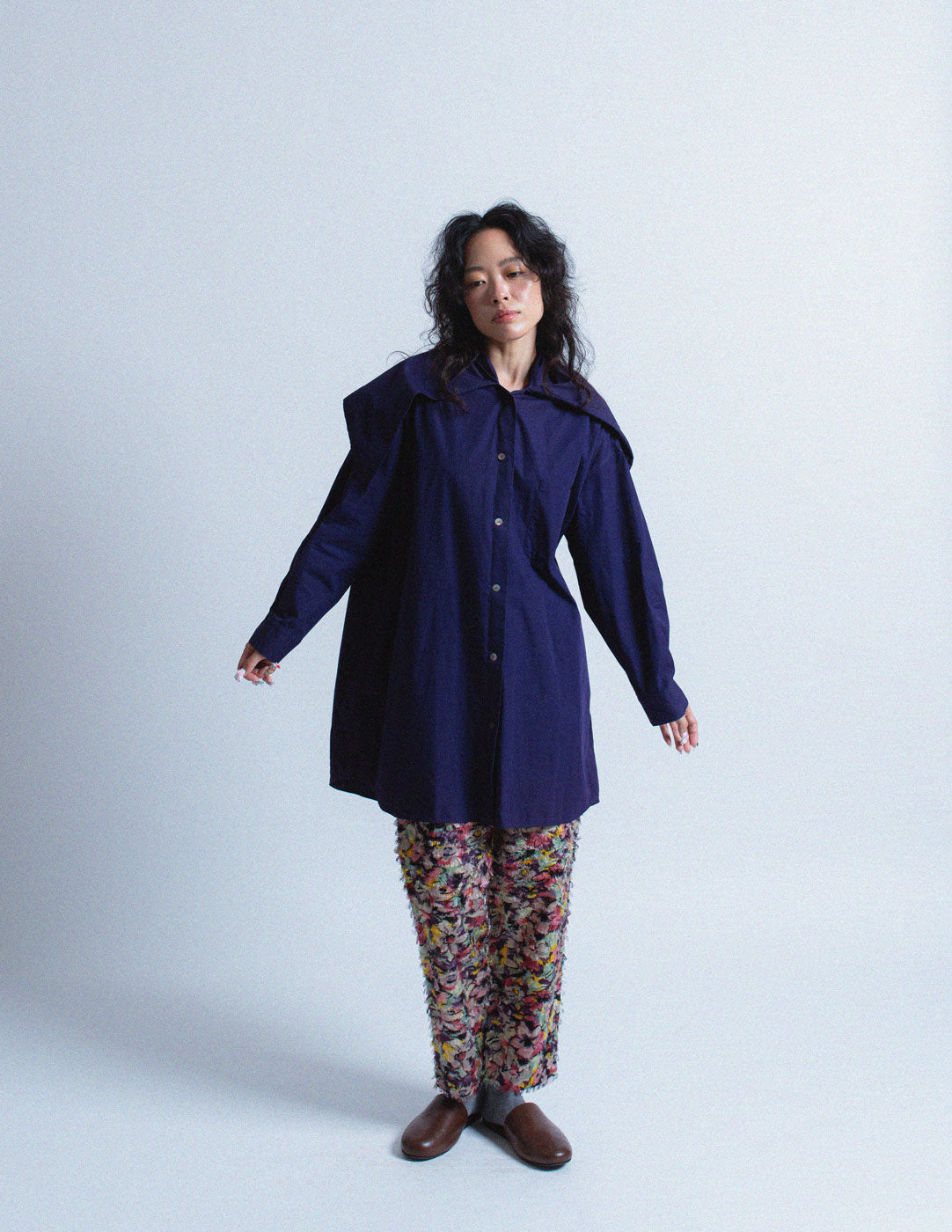 Romeo Gigli vintage violet cotton cocoon shirt with shawl collar