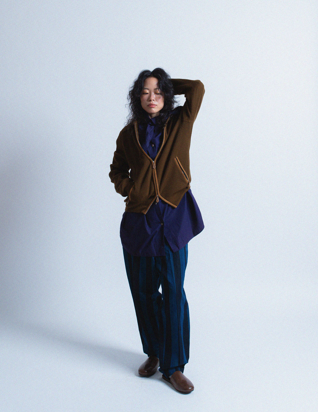 Hermès vintage brown zip up wool sweater with leather trim