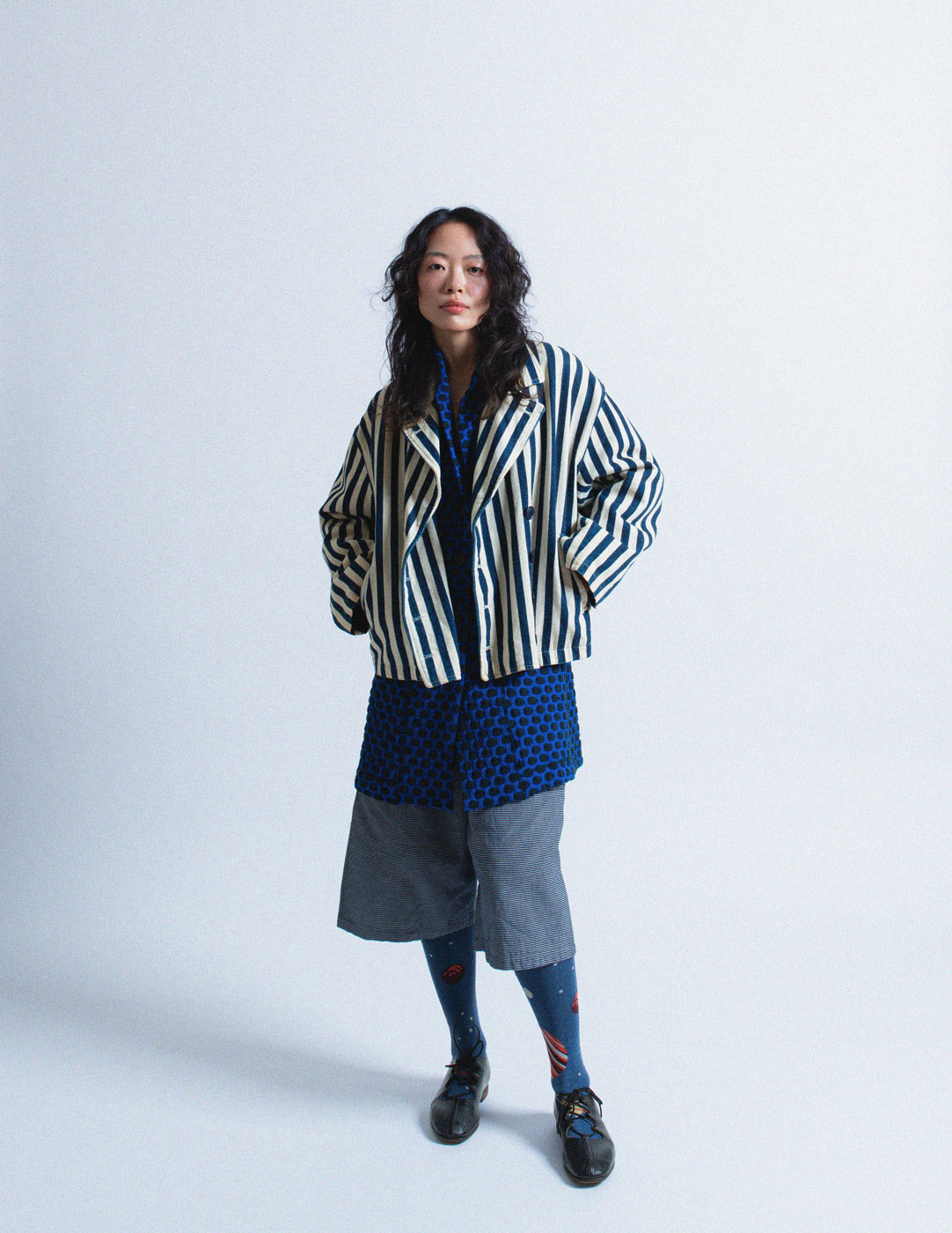 Issey Miyake blue textured polkadot cotton blend jacket