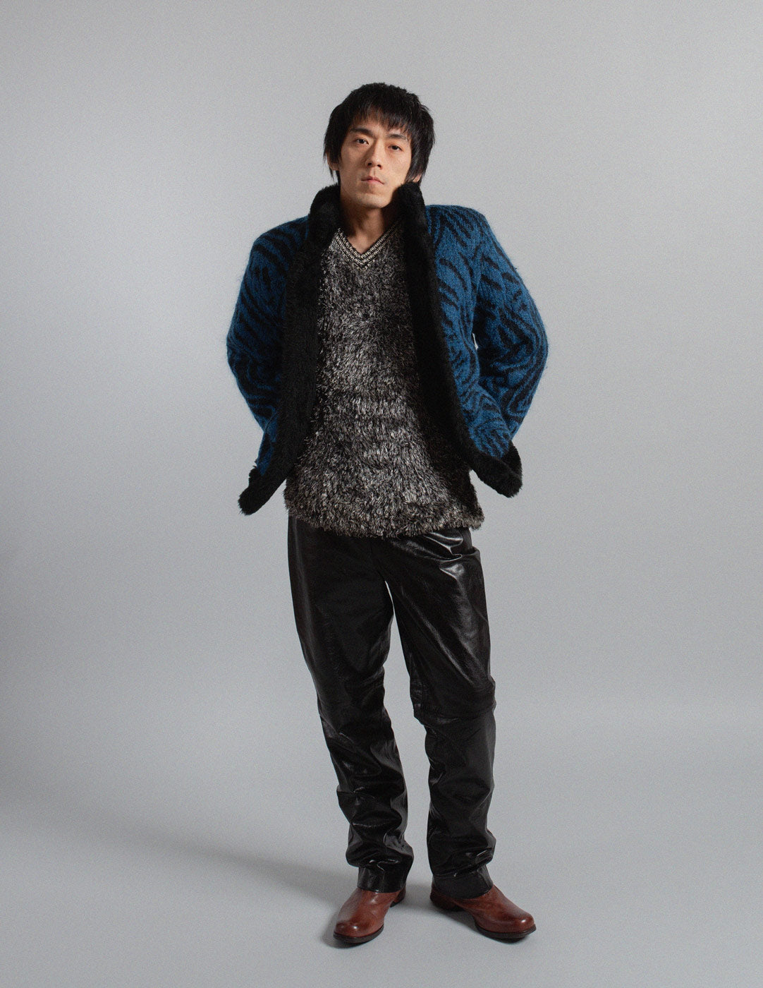 Yves Saint Laurent vintage blue and black patterned mohair wool jacket with faux fur lining