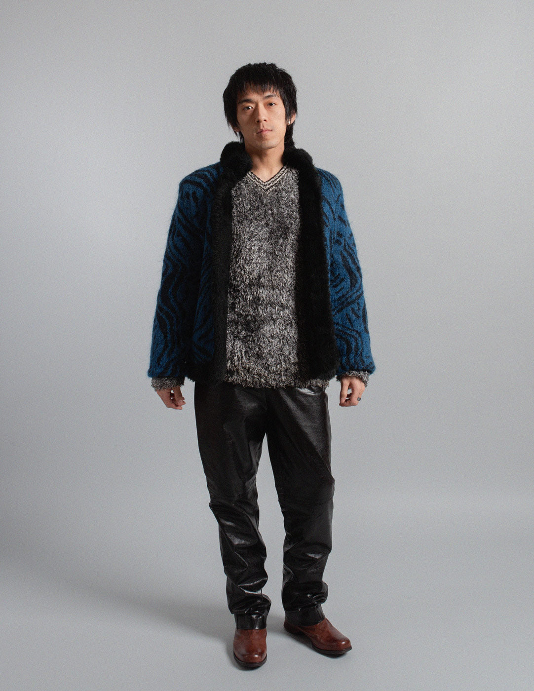 Yves Saint Laurent vintage blue and black patterned mohair wool jacket with faux fur lining