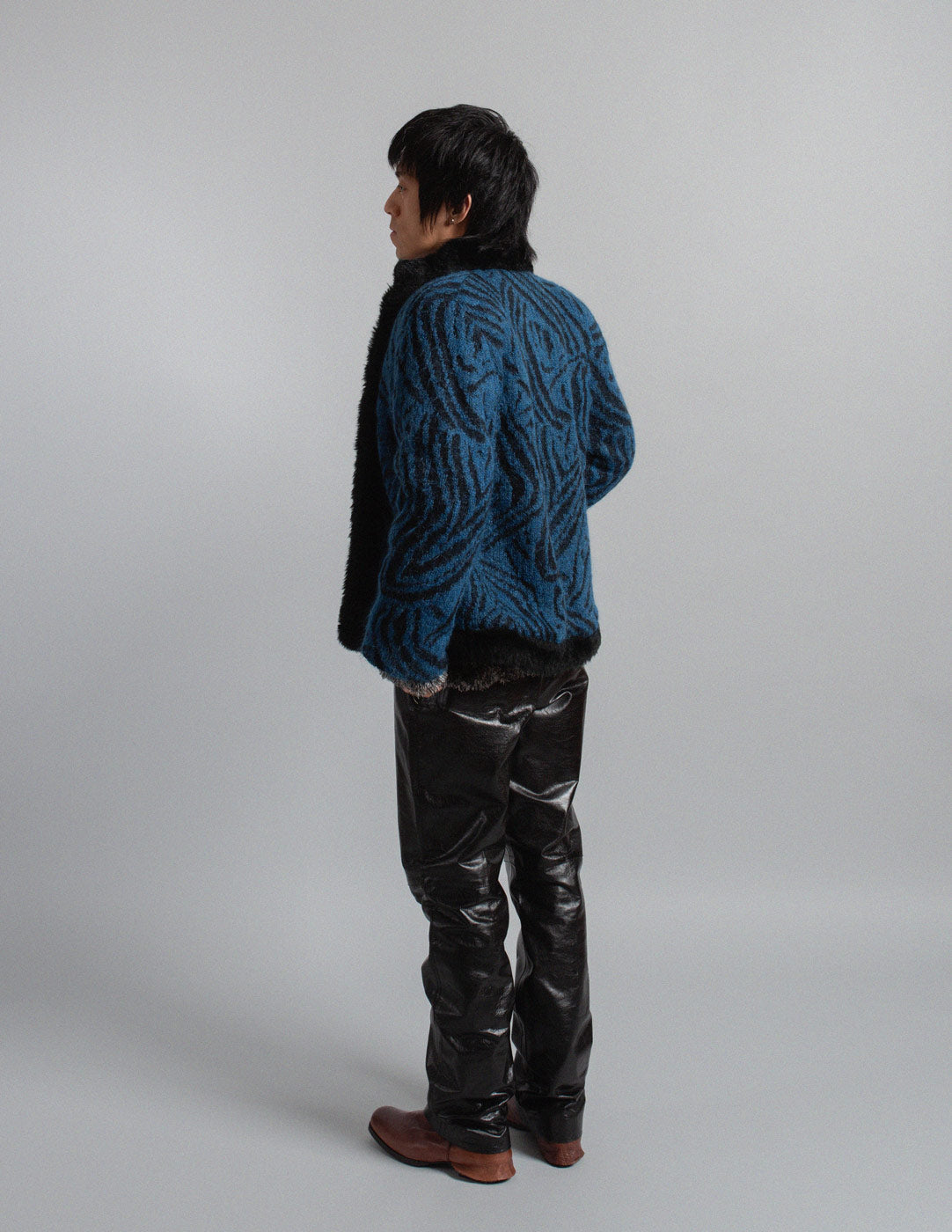 Yves Saint Laurent vintage blue and black patterned mohair wool jacket with faux fur lining back view