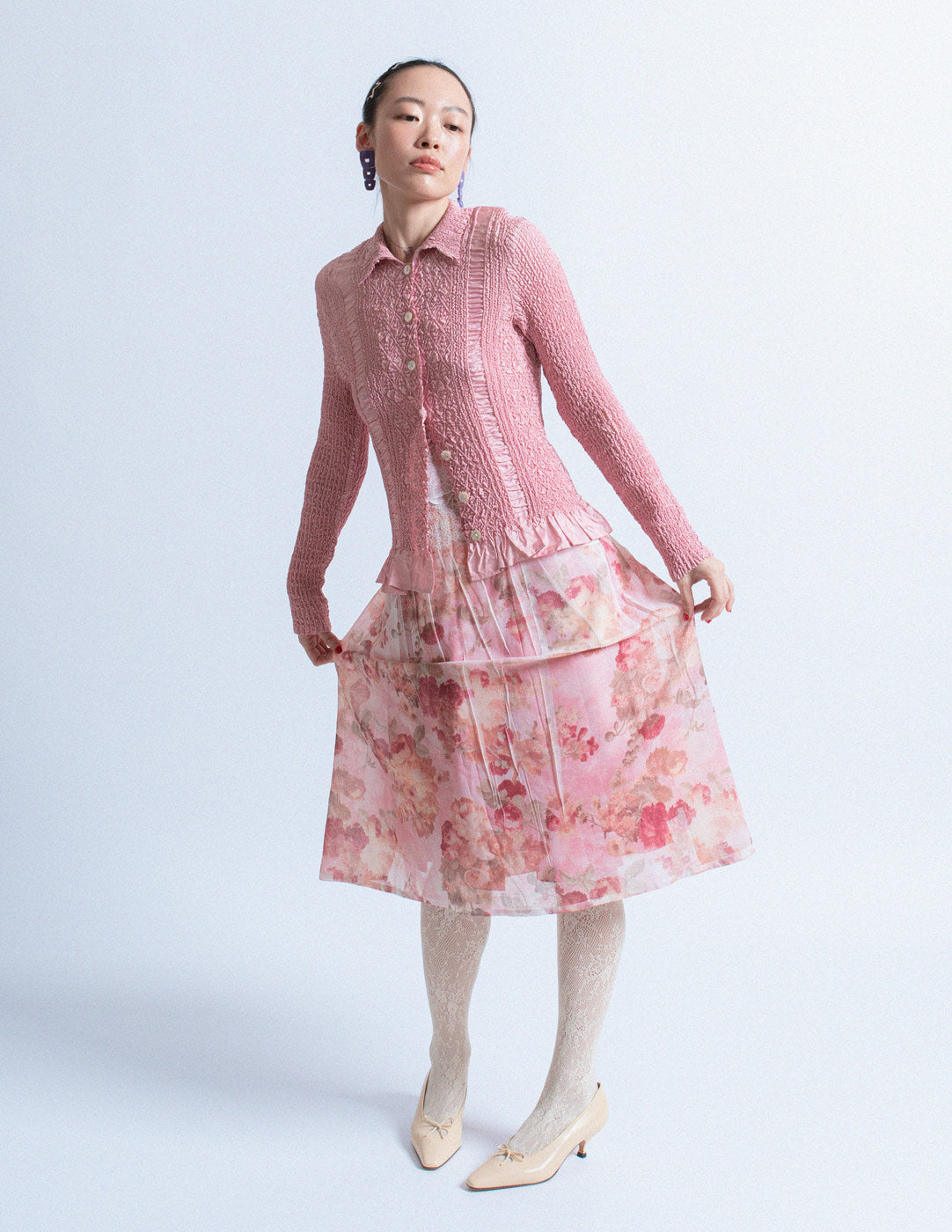 Yoshiki Hishinuma Peplum pink crinkled button-up top