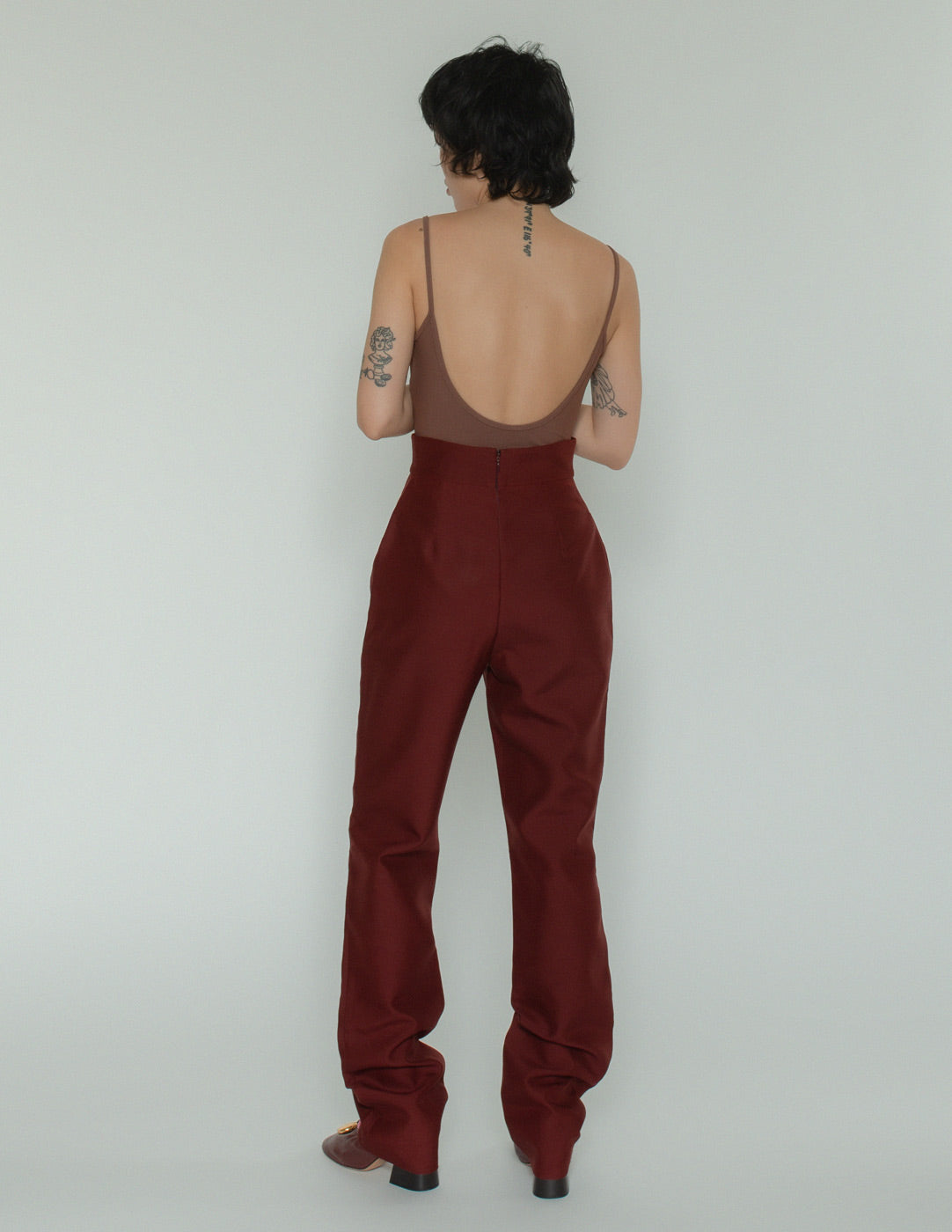 Jean Paul Gaultier burgundy high waisted trousers back view