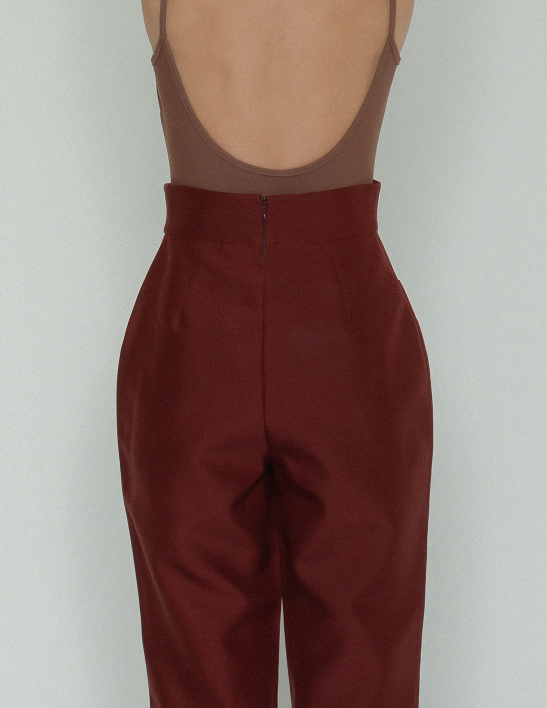 Jean Paul Gaultier burgundy high waisted trousers back detail