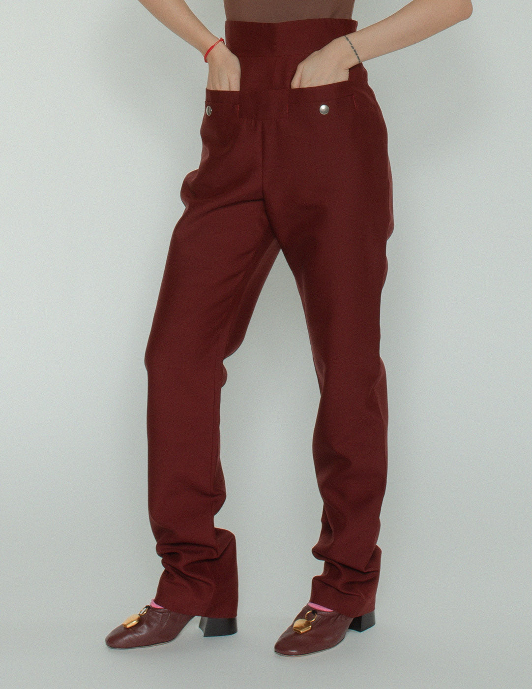 Jean Paul Gaultier burgundy high waisted trousers front detail
