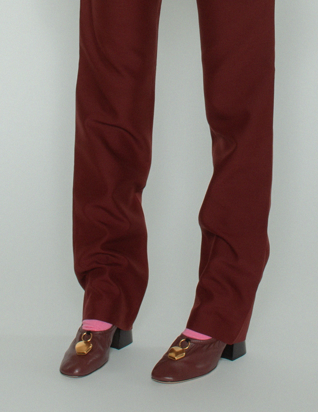 Jean Paul Gaultier burgundy high waisted trousers leg detail