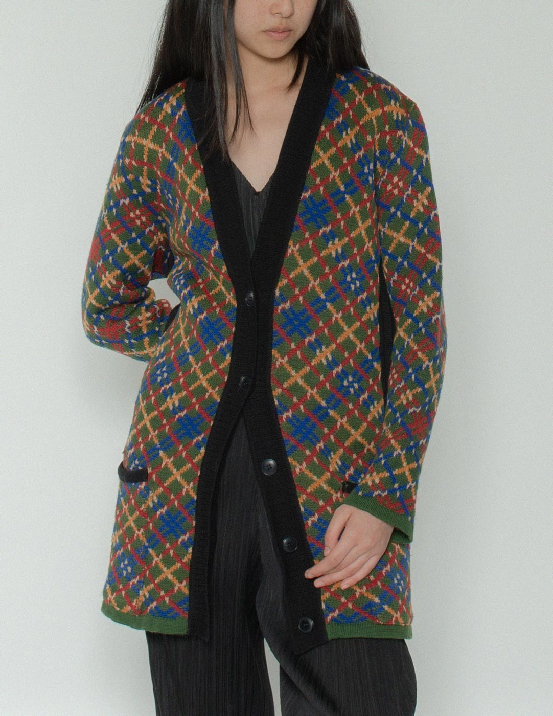 Yves Saint Laurent vintage multi-color plaid cardigan front detail