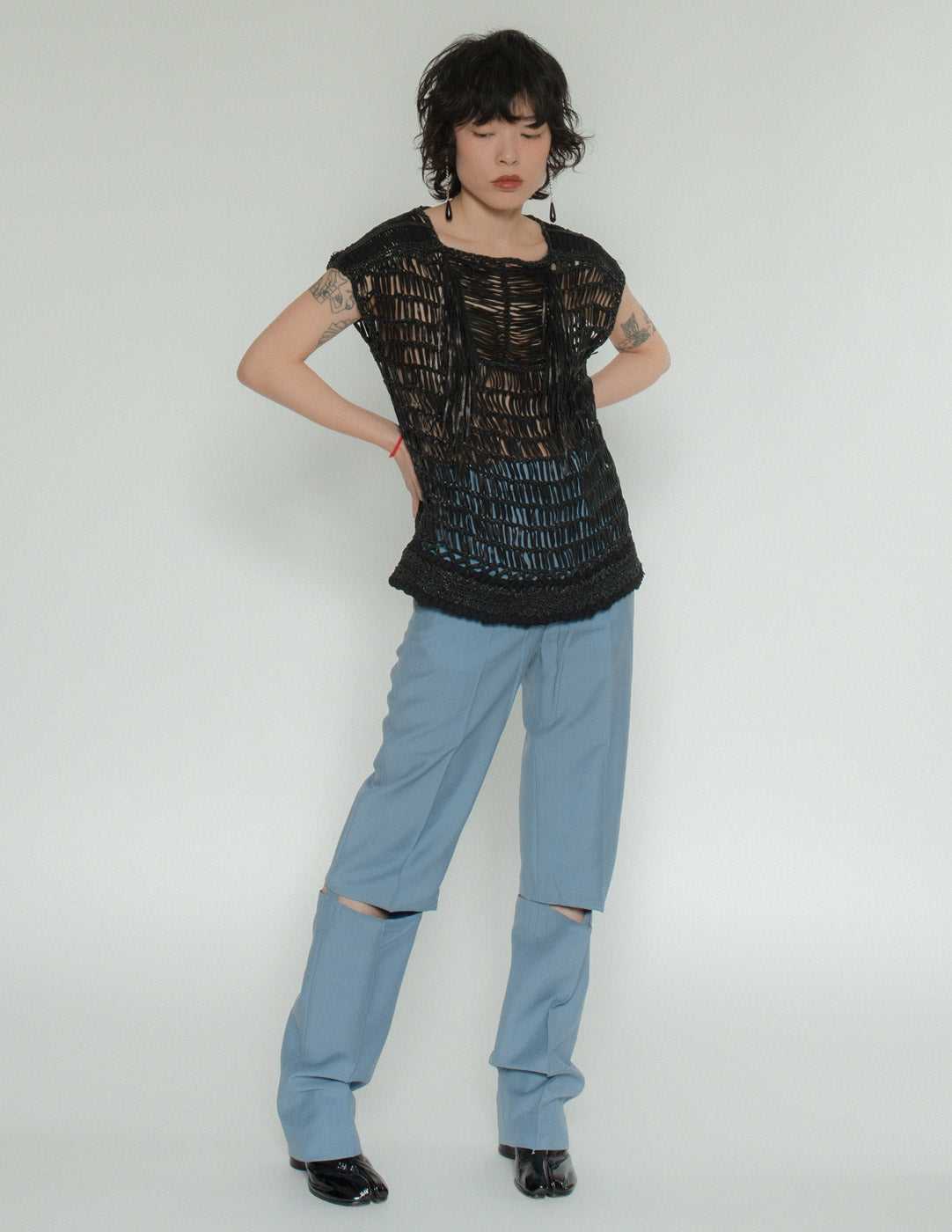 Gucci leather woven top with silk trim