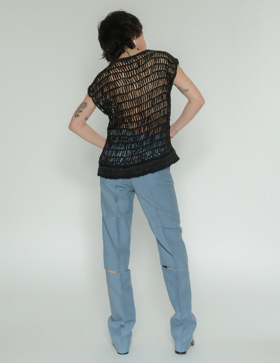 Gucci leather woven top with silk trim back view