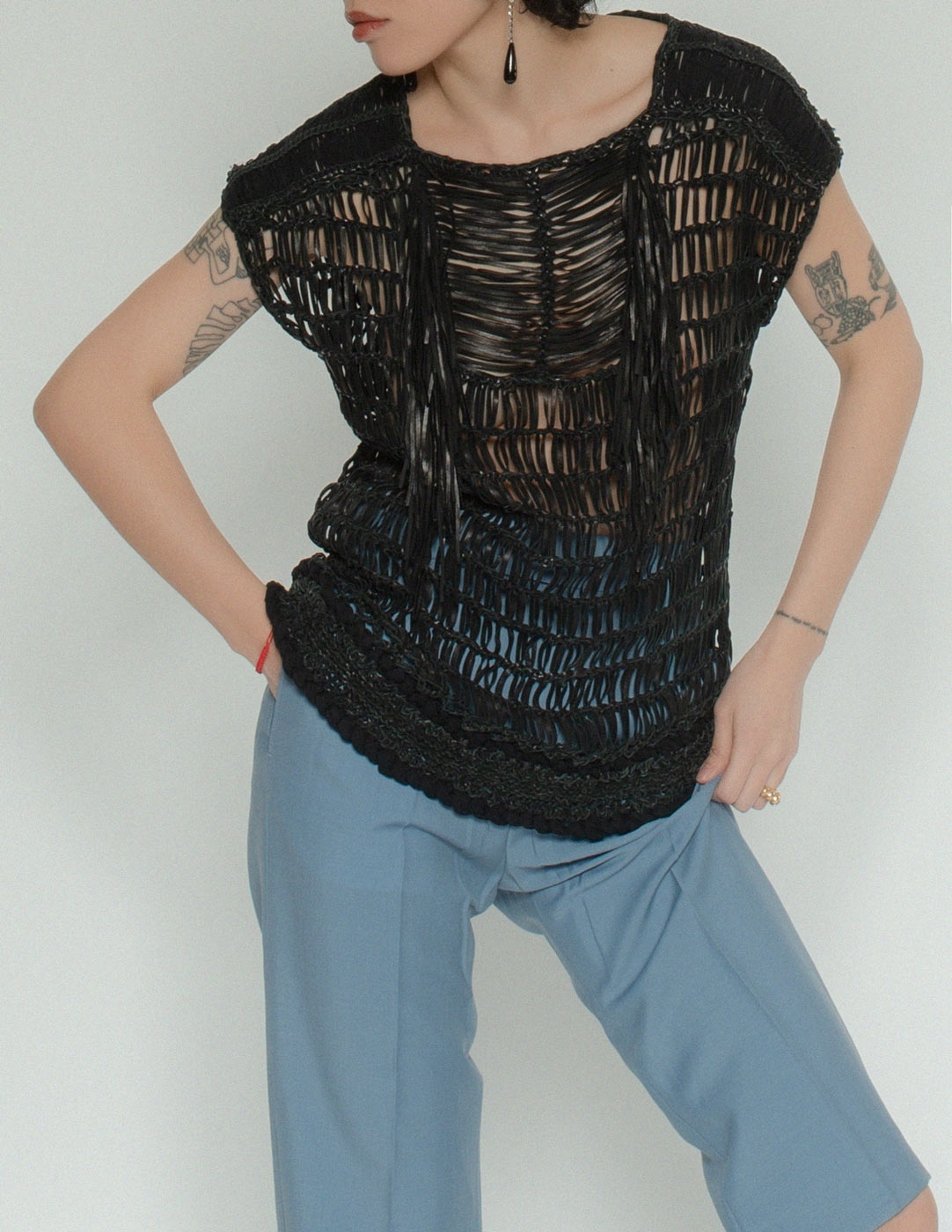 Gucci leather woven top with silk trim front detail
