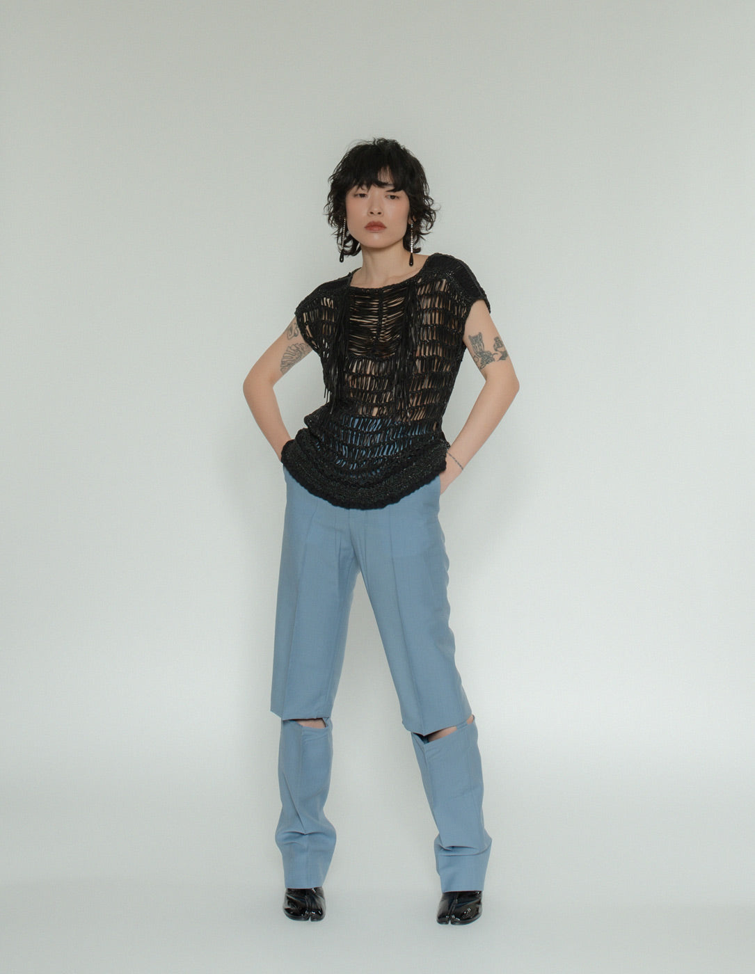 Gucci leather woven top with silk trim