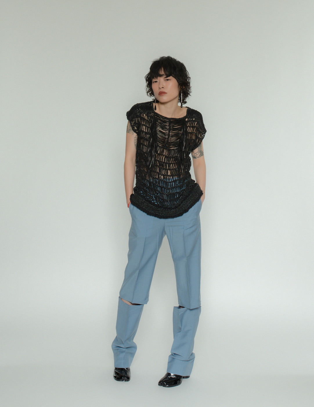 Gucci leather woven top with silk trim