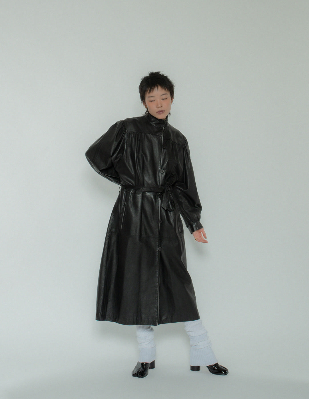 Guy Laroche vintage black leather robe with belt