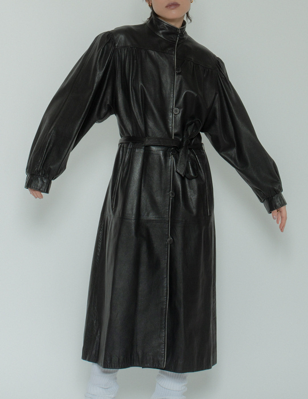 Guy Laroche vintage black leather robe with belt front detail