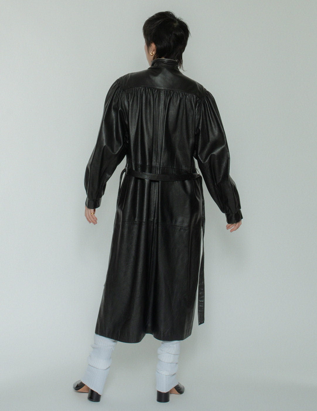 Guy Laroche vintage black leather robe with belt back